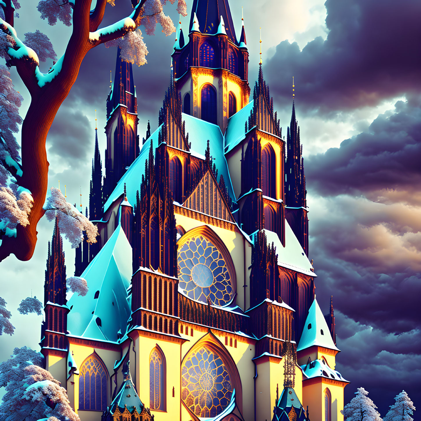 Vivid Gothic cathedral with blue hues and snowy tree against dramatic sky