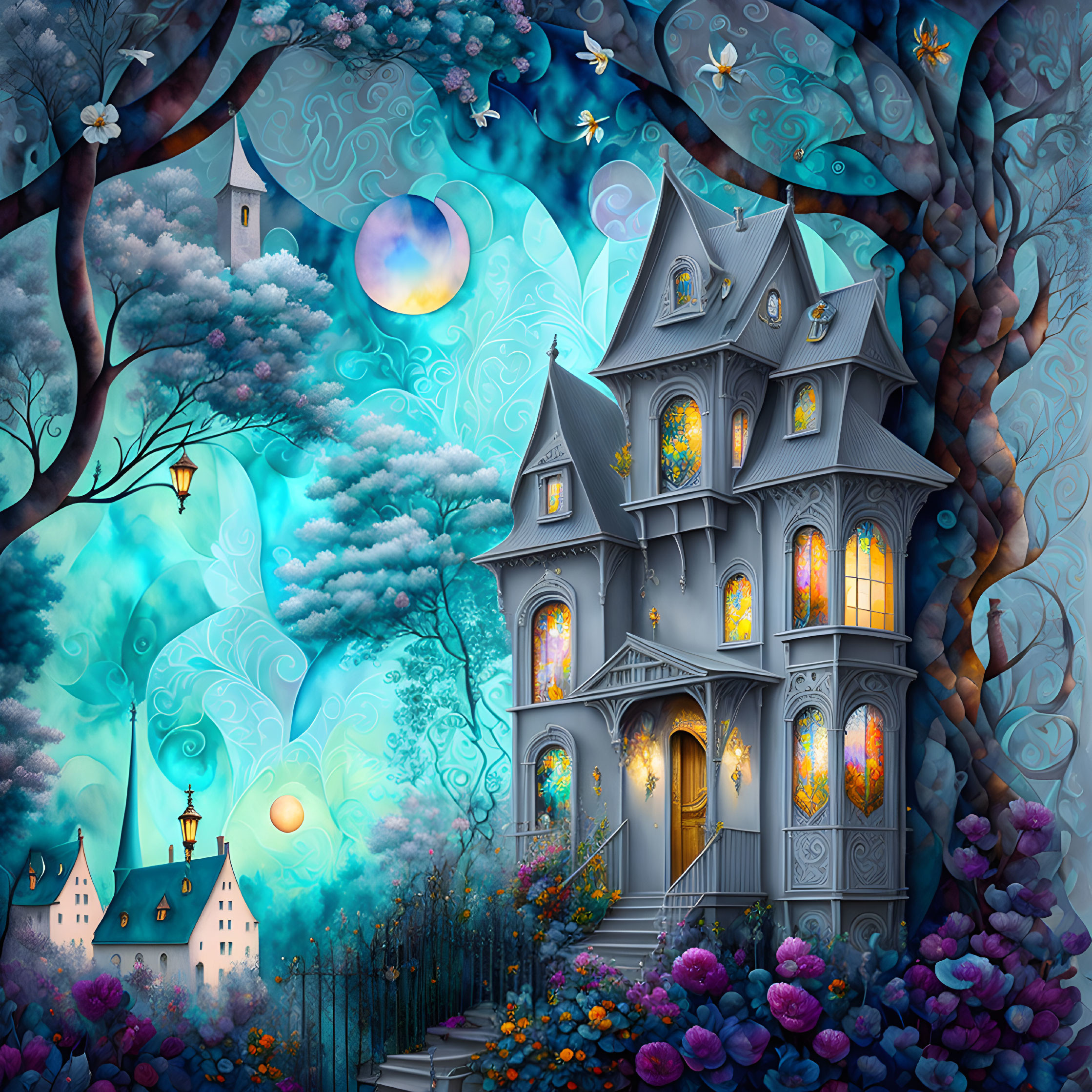 Victorian-style mansion with colorful flora under twilight sky