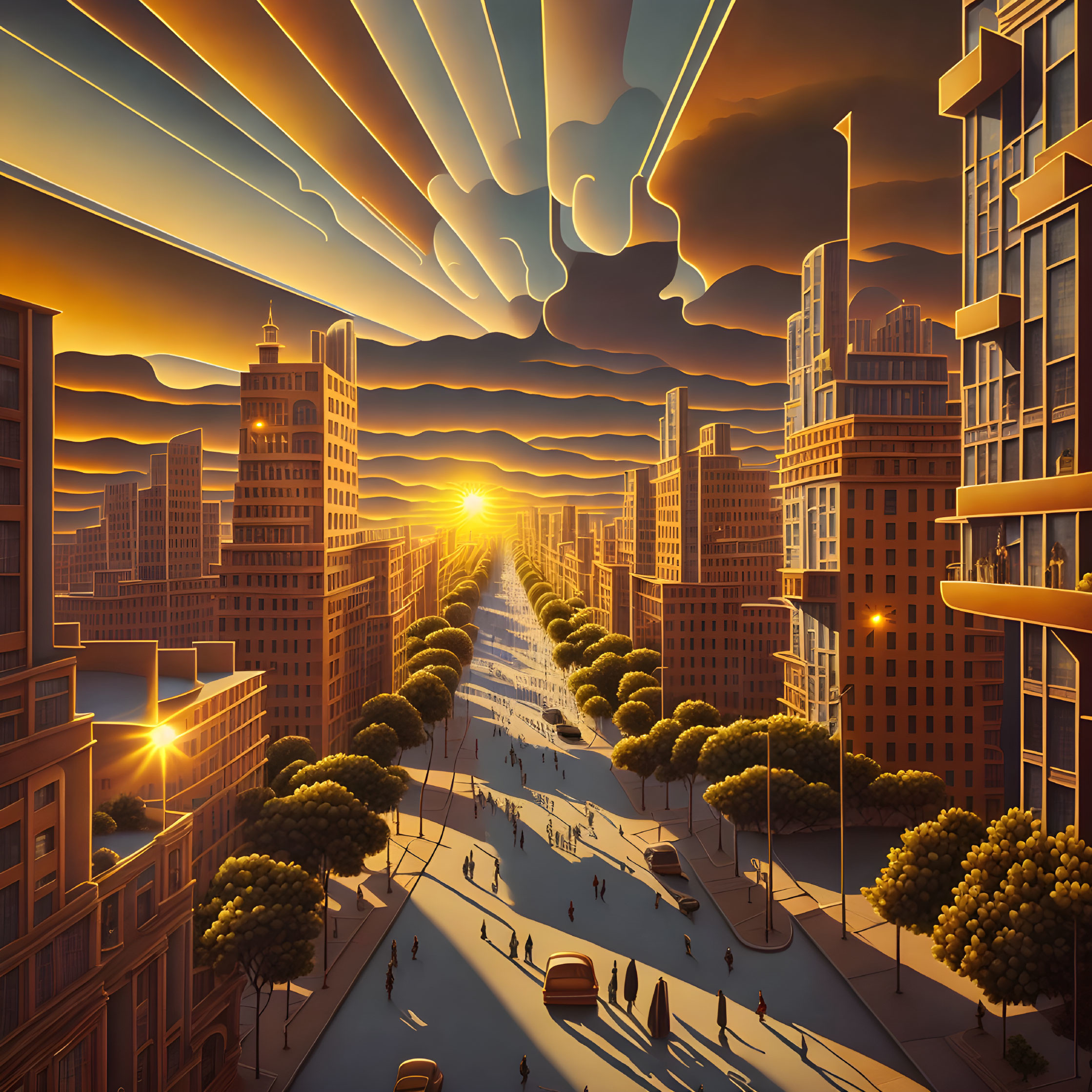 Cityscape artwork featuring sunset shadows, vibrant hues, and urban life.