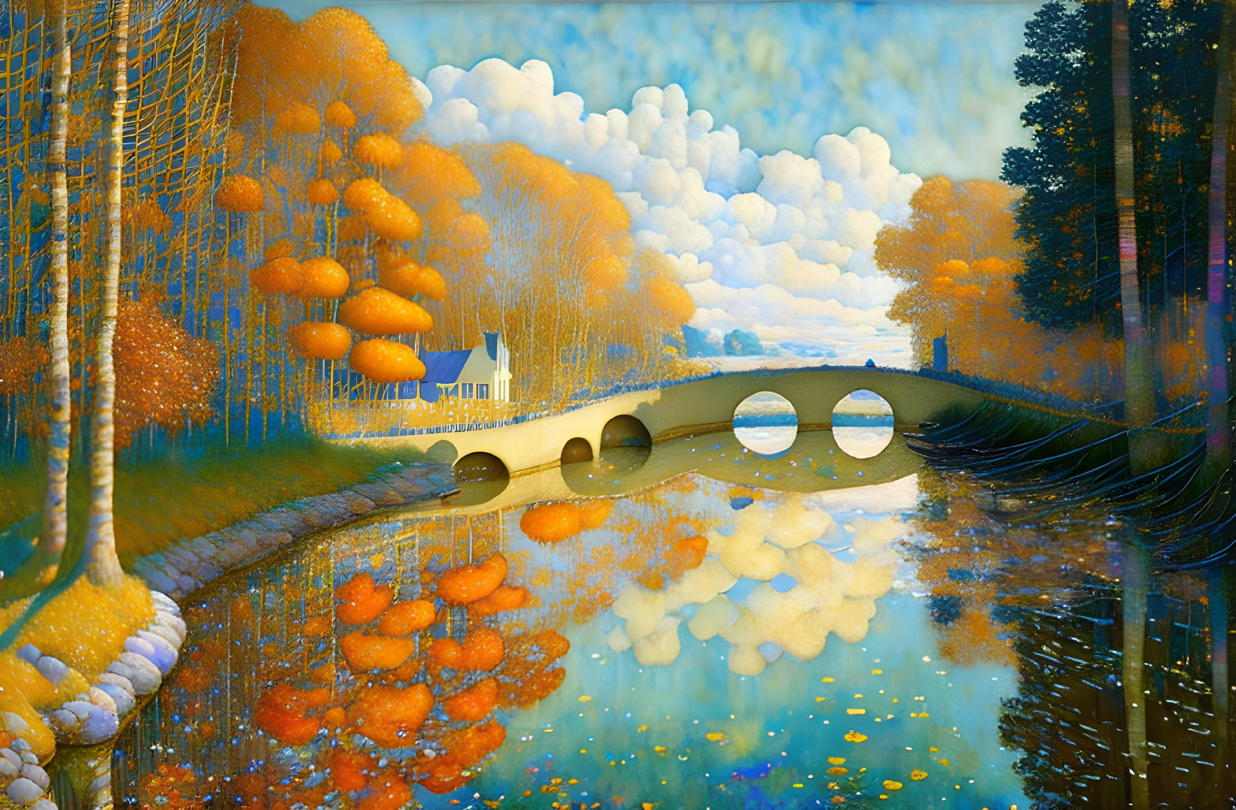 Surreal landscape painting with stone bridge, blue river, autumn trees, floating fruit, and white