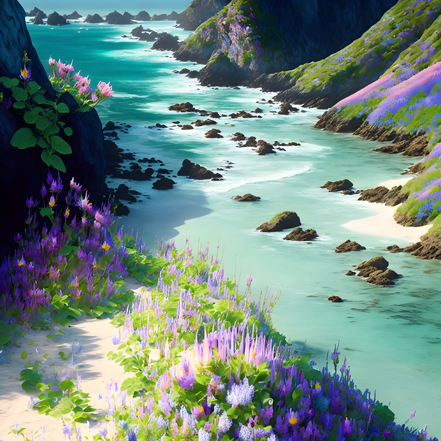 Tranquil Coastal Landscape with Blue Sea, Rocky Cliffs, and Wildflowers