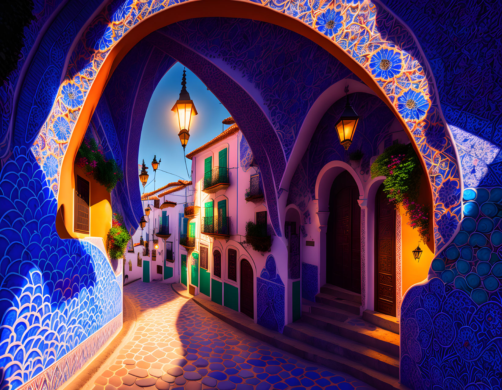 Traditional street at twilight with ornate blue tiling and hanging lanterns