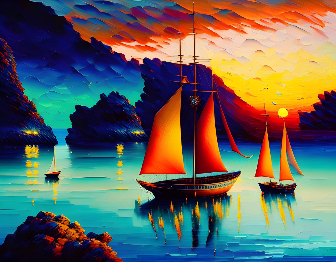 Colorful digital artwork: Sailboats with red sails on serene sea at sunset