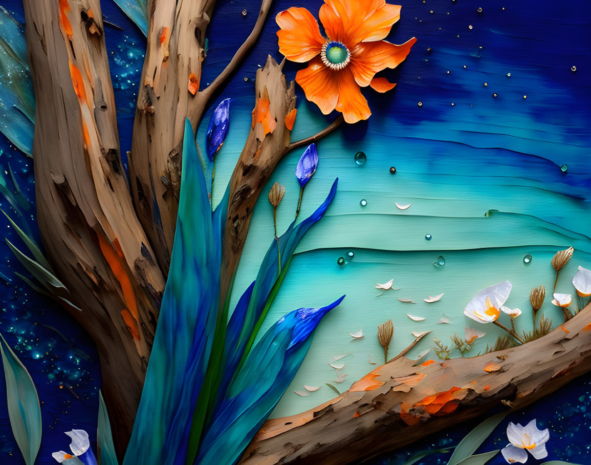 Colorful Stylized Tree with Orange Flower on Blue Background