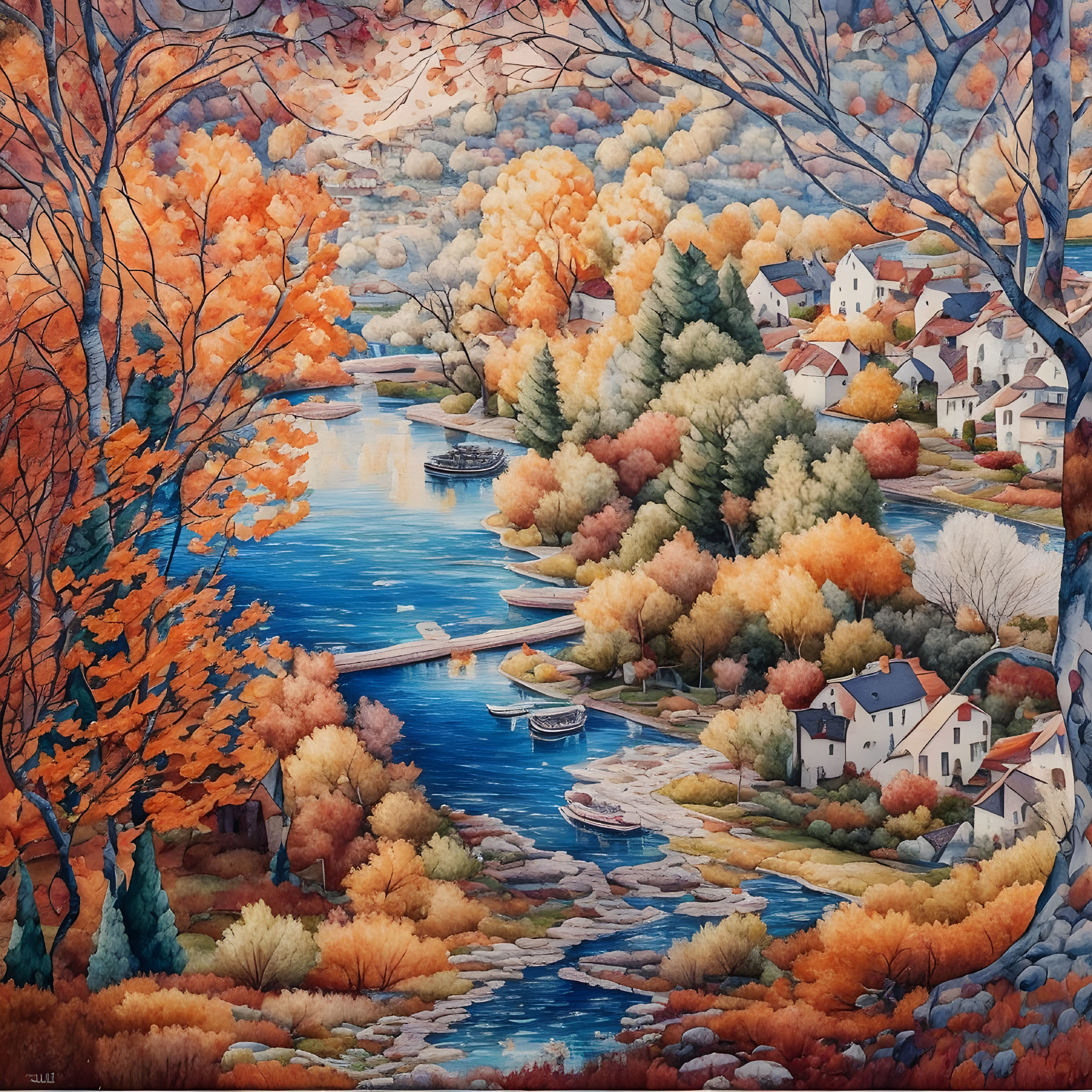 Colorful autumn landscape with river, boats, and houses.