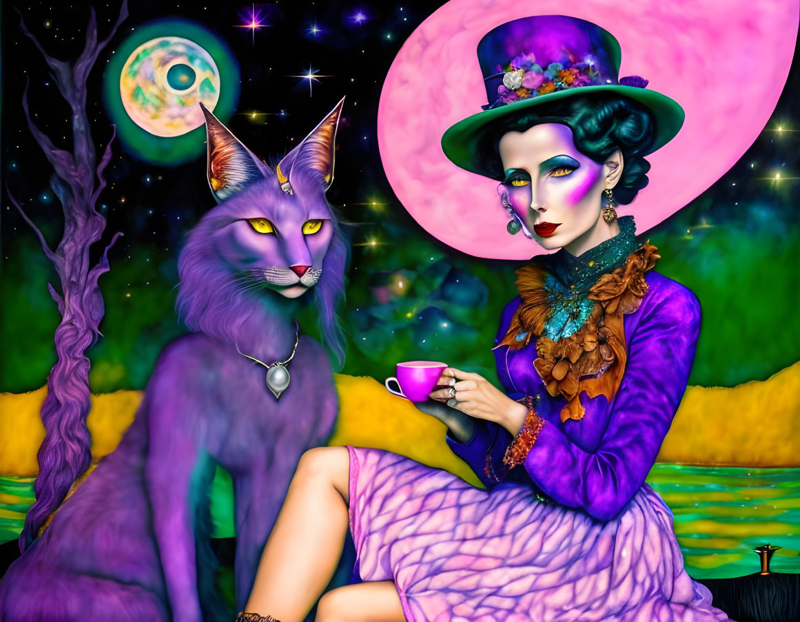 Stylized woman in purple makeup with pink hat sips tea beside large purple cat under starry