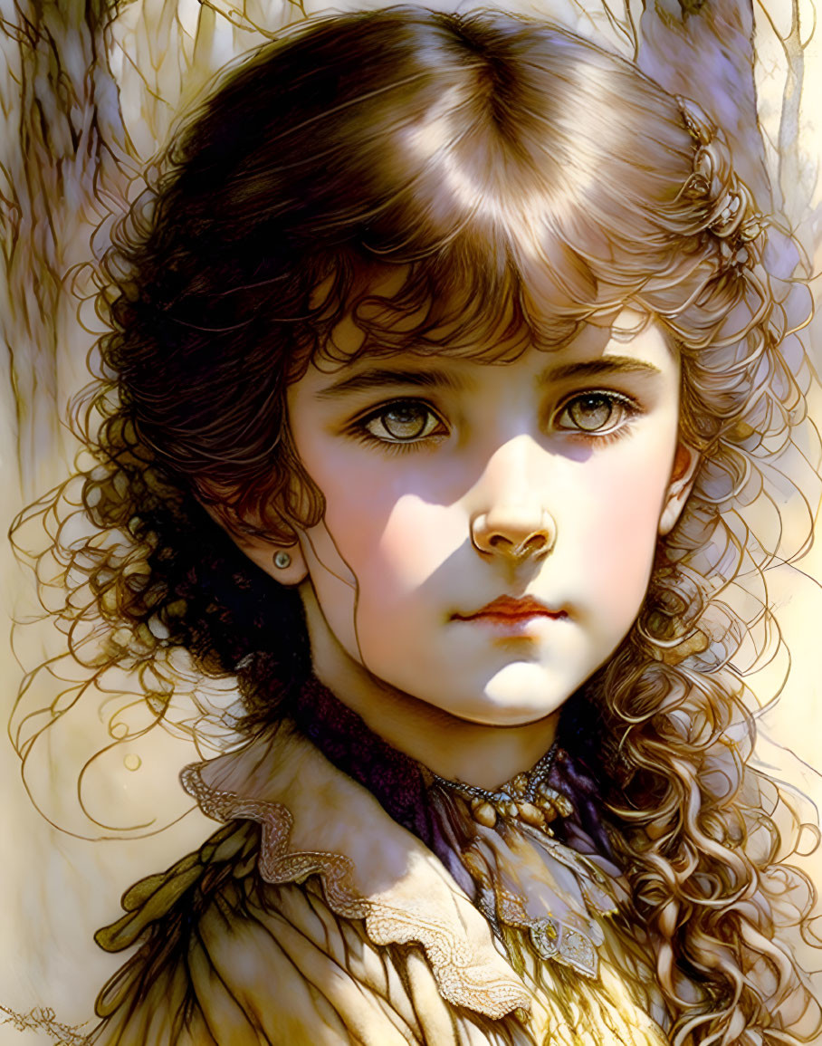 Detailed Illustration: Young Girl with Curly Hair and Blue Eyes Resting Against Tree with Sunlight