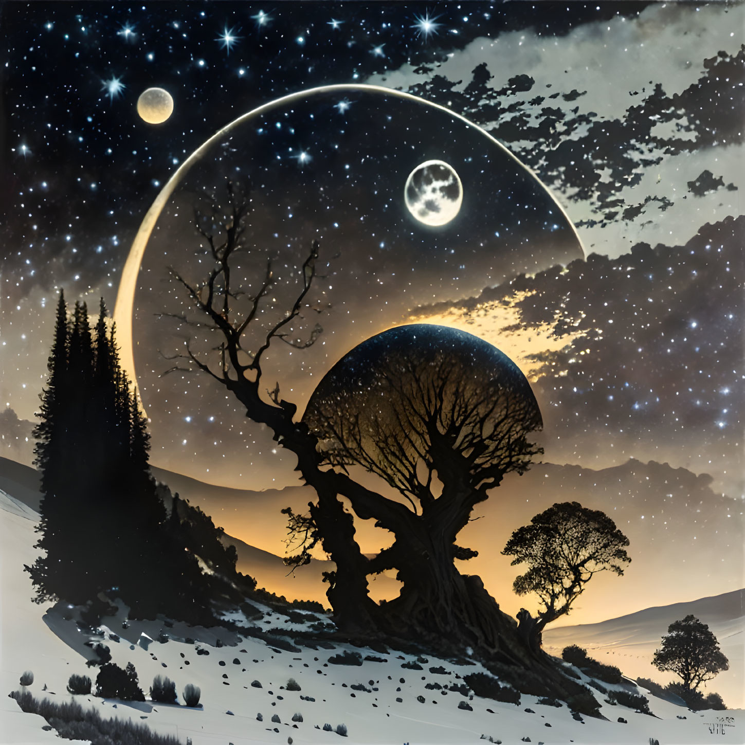 Surreal night landscape with multiple moons and stars, large silhouetted tree