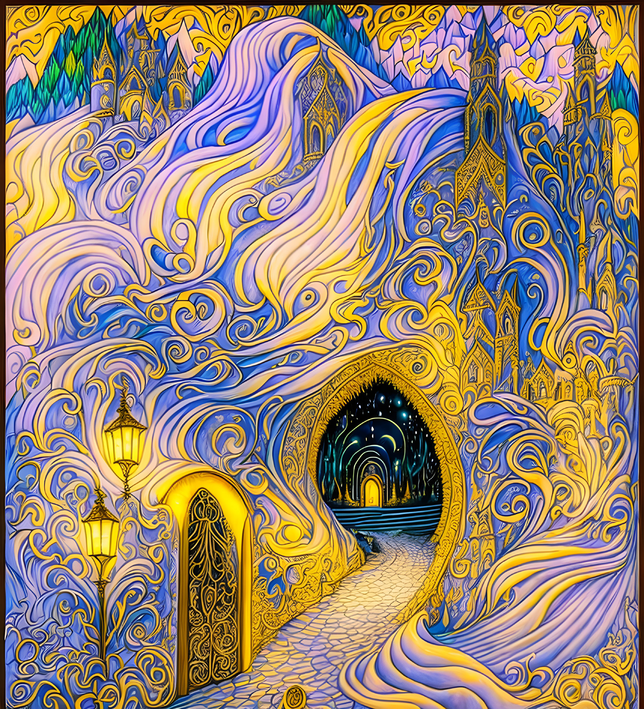 Colorful whimsical scene with swirling patterns and illuminated city tunnel