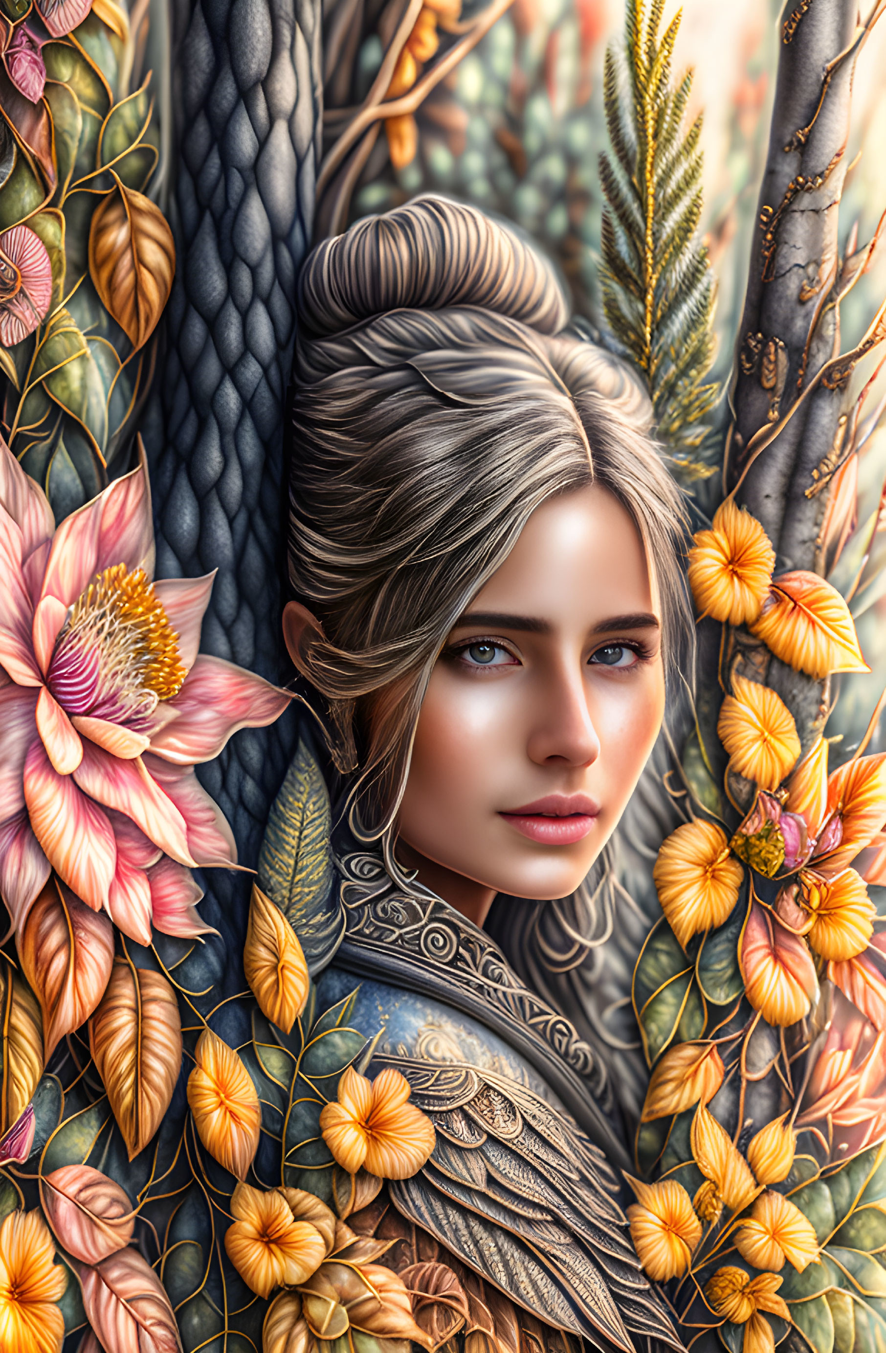 Gray-Haired Woman Surrounded by Flowers and Foliage in Digital Illustration