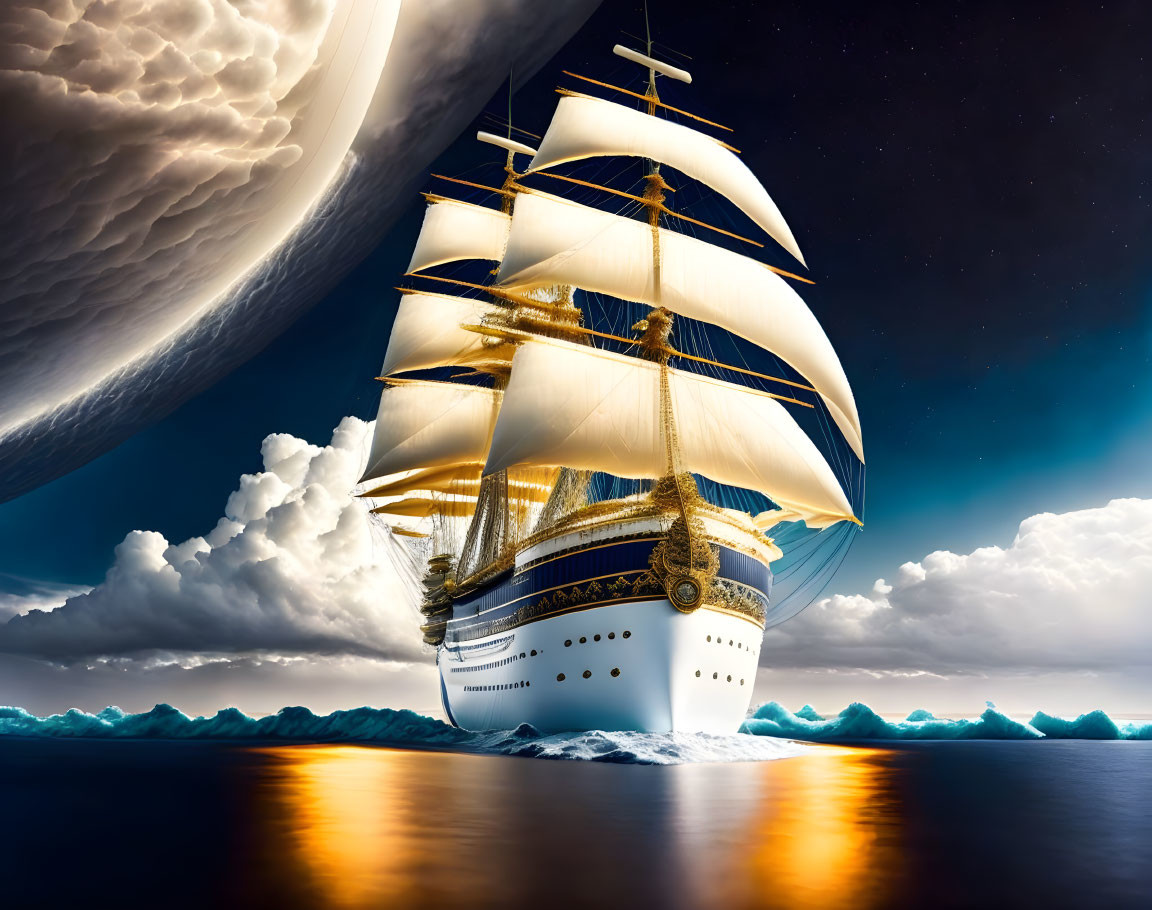 Majestic sailing ship on surreal ocean under dramatic night sky