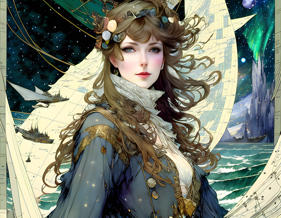 Fantastical woman with floral hair accessories in vintage coat on star map background