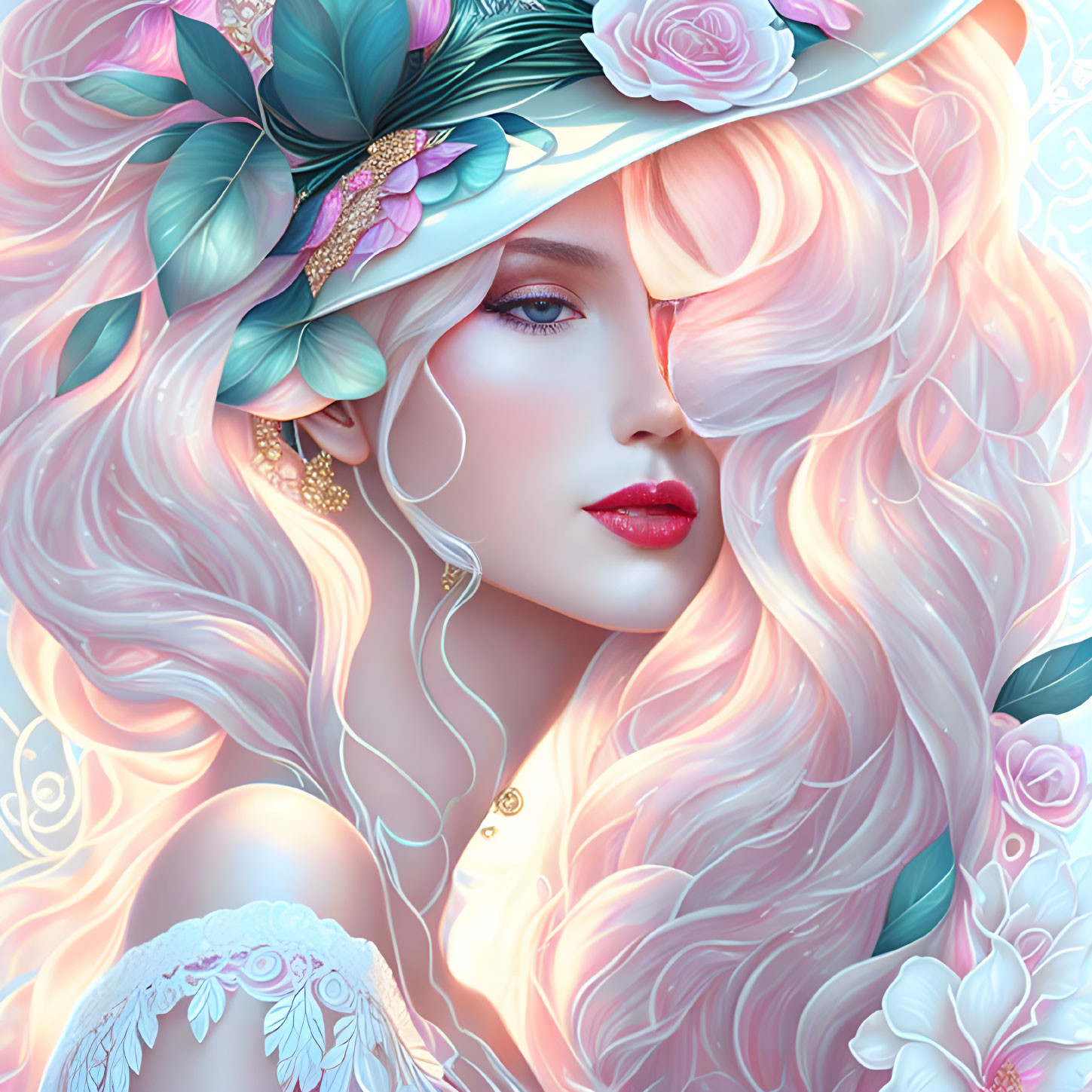 Feminine character with pink hair and floral hat in soft pastel tones