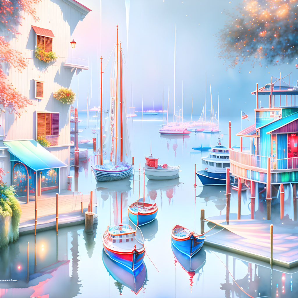 Tranquil harbor scene with sailboats, coastal houses, and misty pastel sky