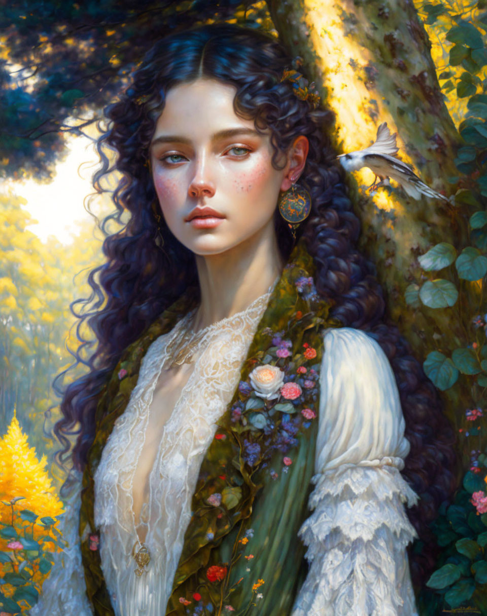 Mystical portrait of young woman in forest with flowers and bird