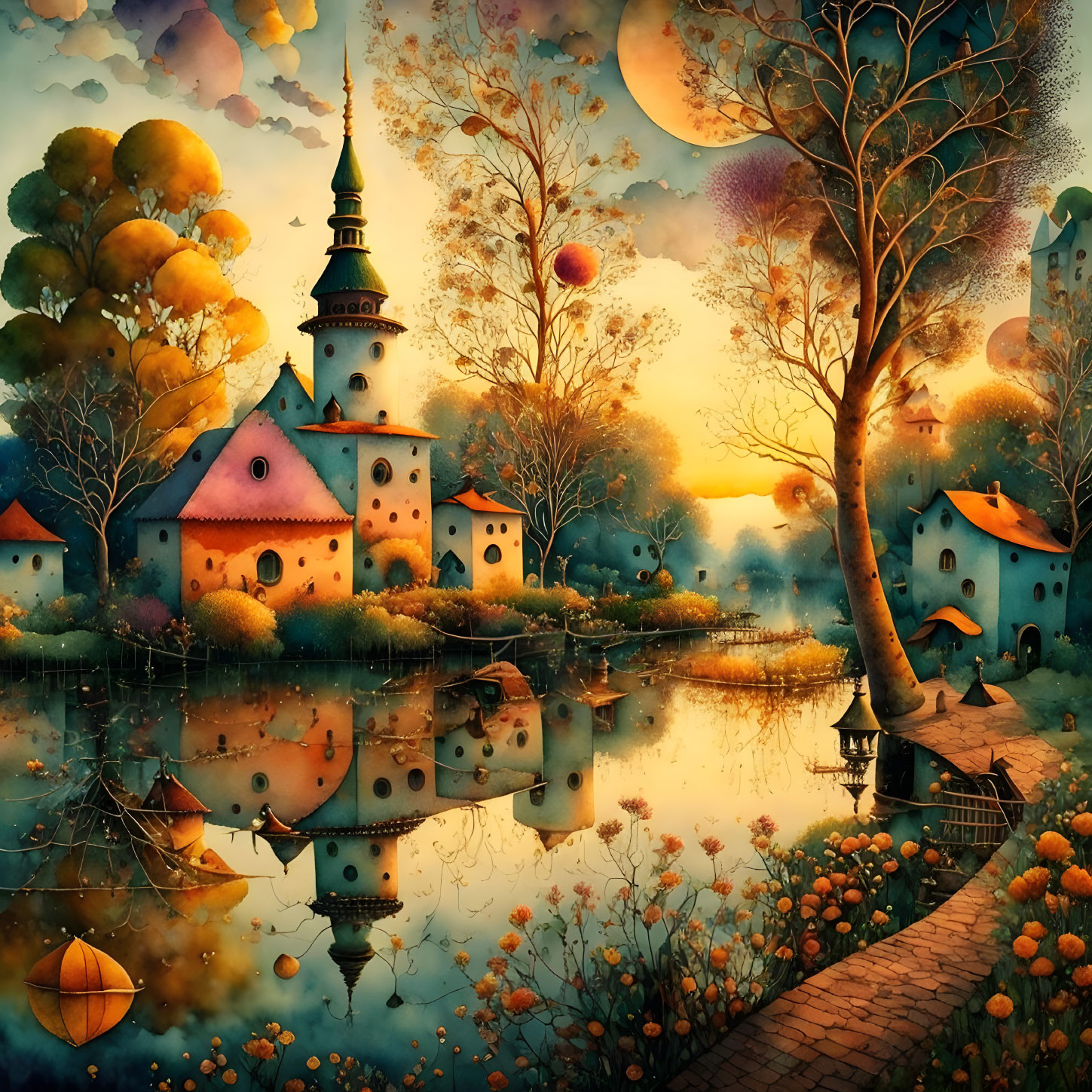 Colorful village illustration with steeple, trees, and lantern-lit twilight sky