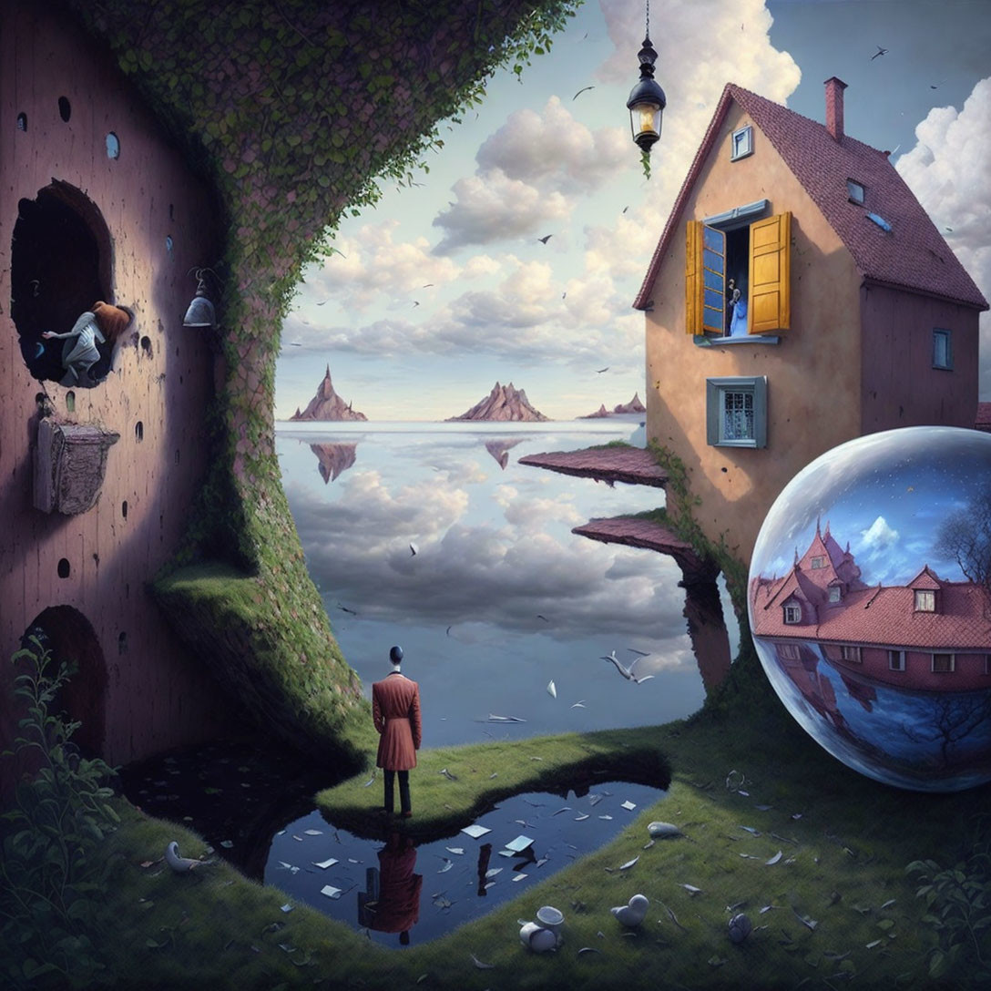 Surreal landscape with reflective bubble, tree-embedded house, floating islands, seabirds