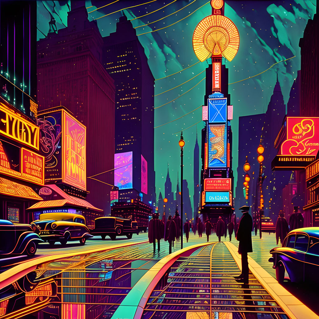 Neon-lit retro-futuristic street scene with vintage cars and pedestrians