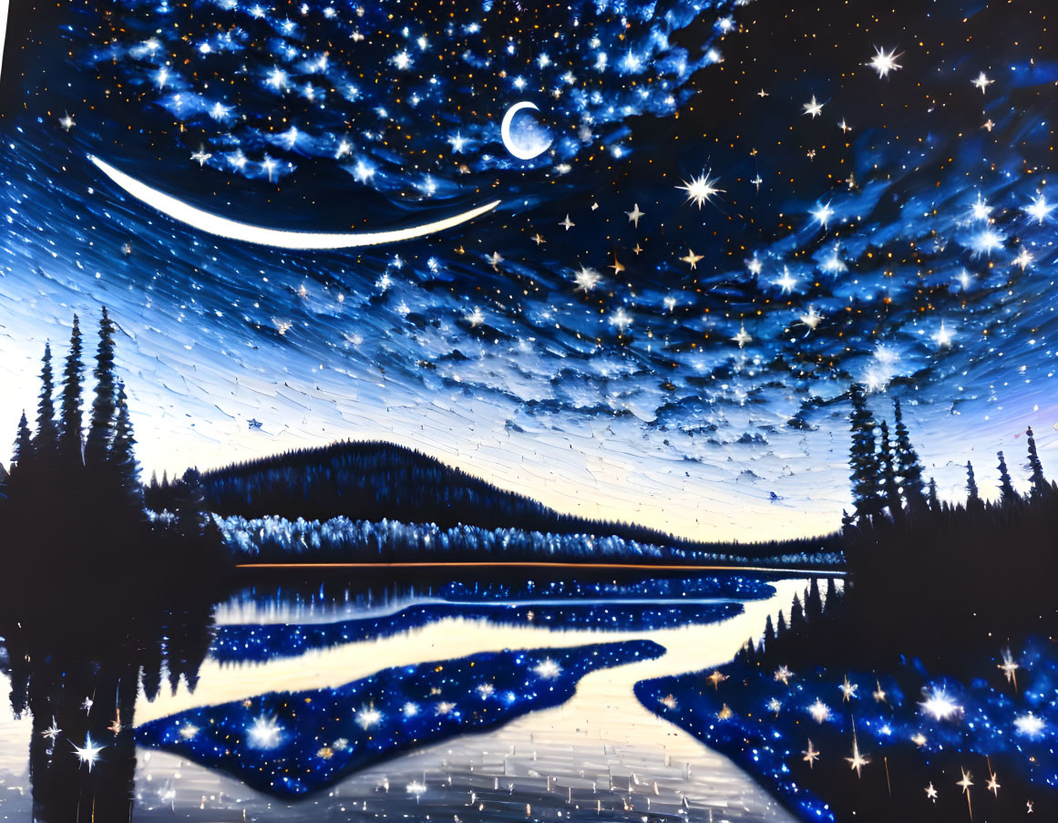 Starlit sky painting: crescent moon, pine trees, reflective lake