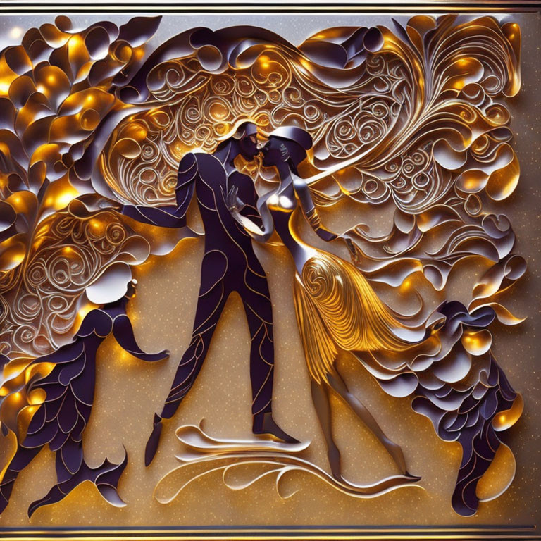 Intricate golden relief of dancing couple with swirls on brown background