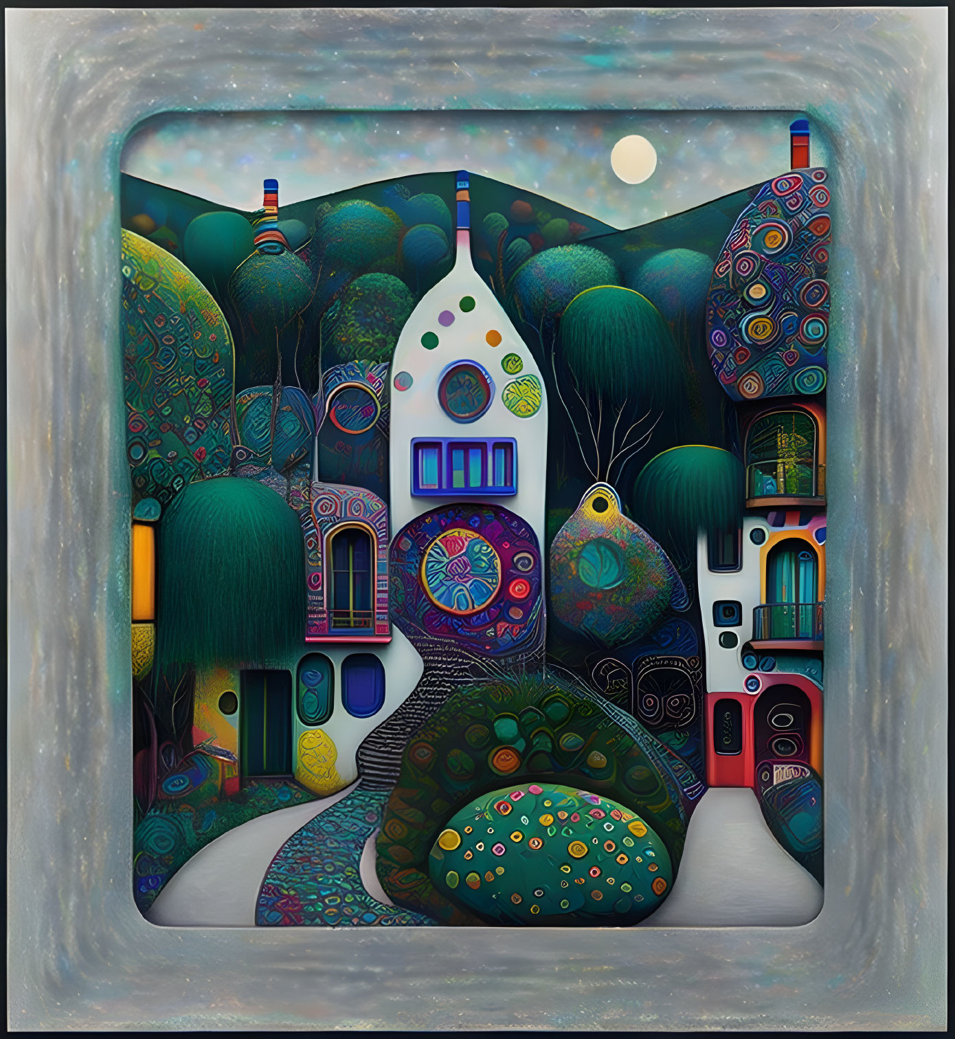 Whimsical painting of fantastical village under starry sky