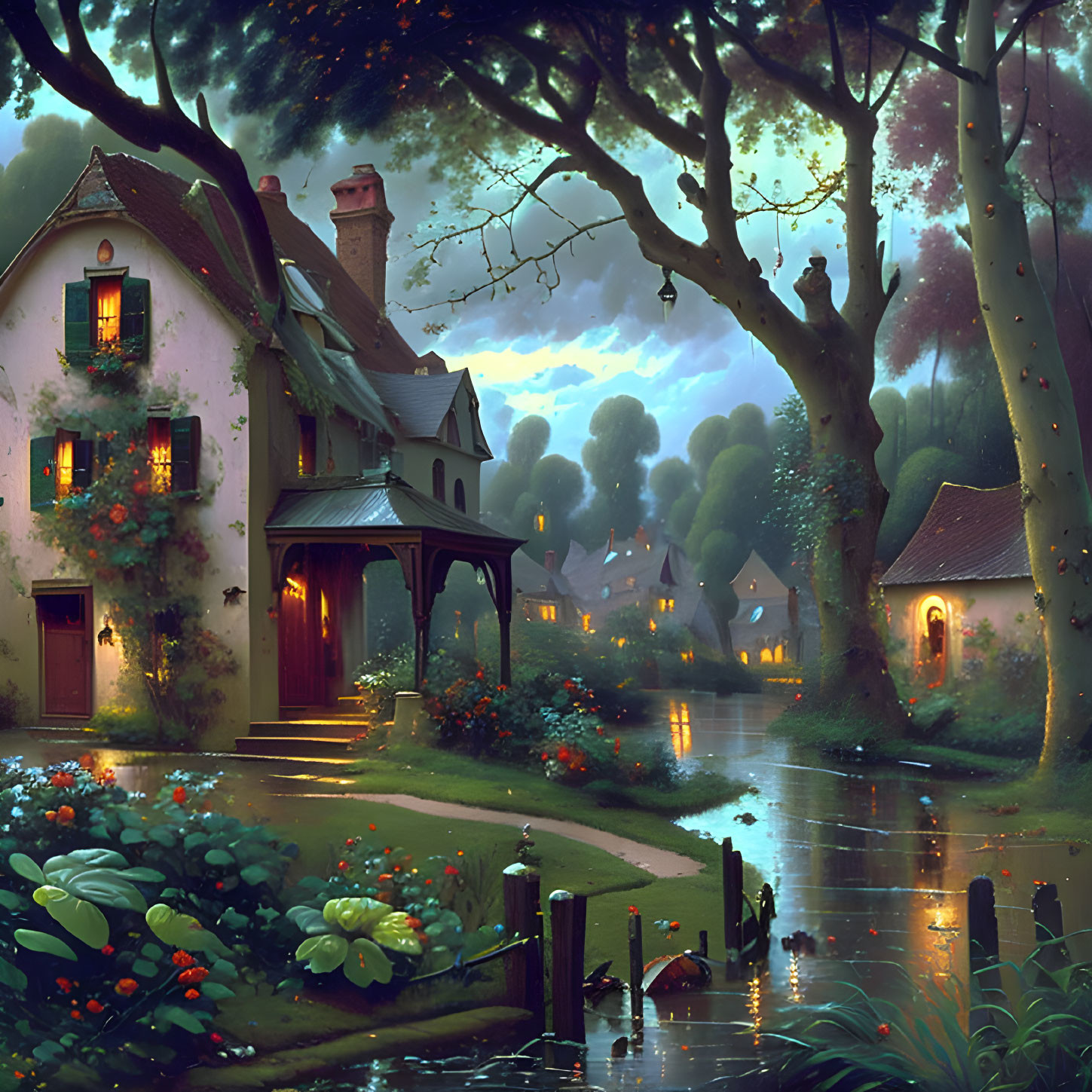 Tranquil twilight landscape with cozy houses, lush trees, and serene river