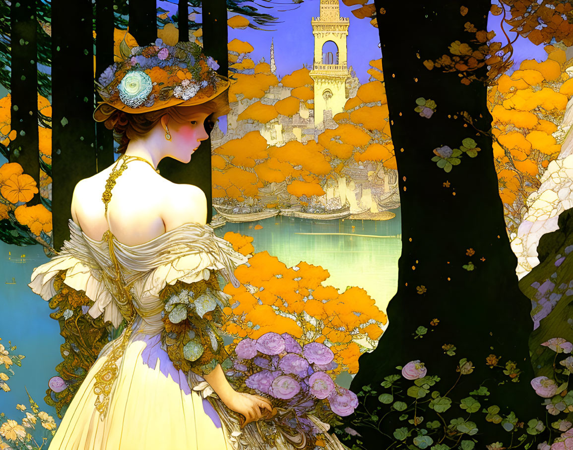 Woman in vintage attire in fantastical forest with vibrant castle and autumn foliage