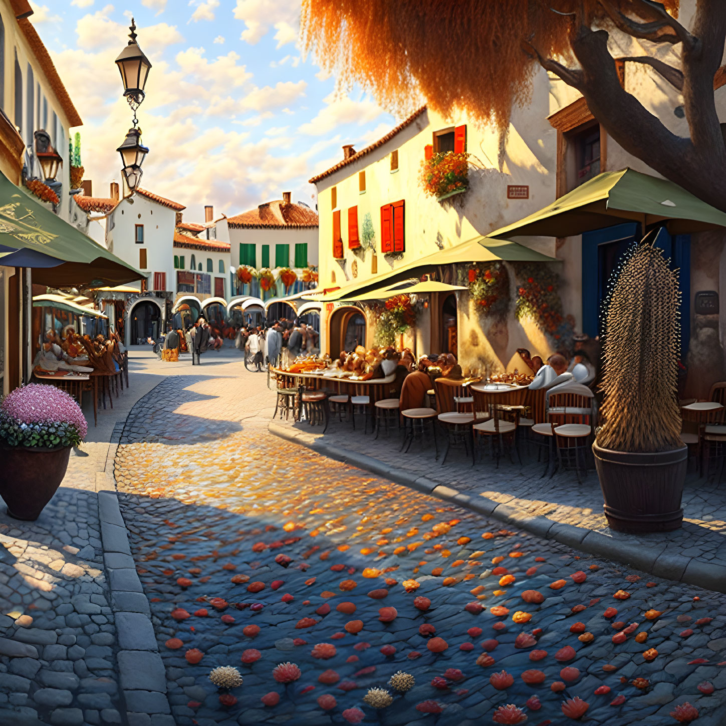 European Street Cafe Scene with Outdoor Dining and Cobblestone Streets