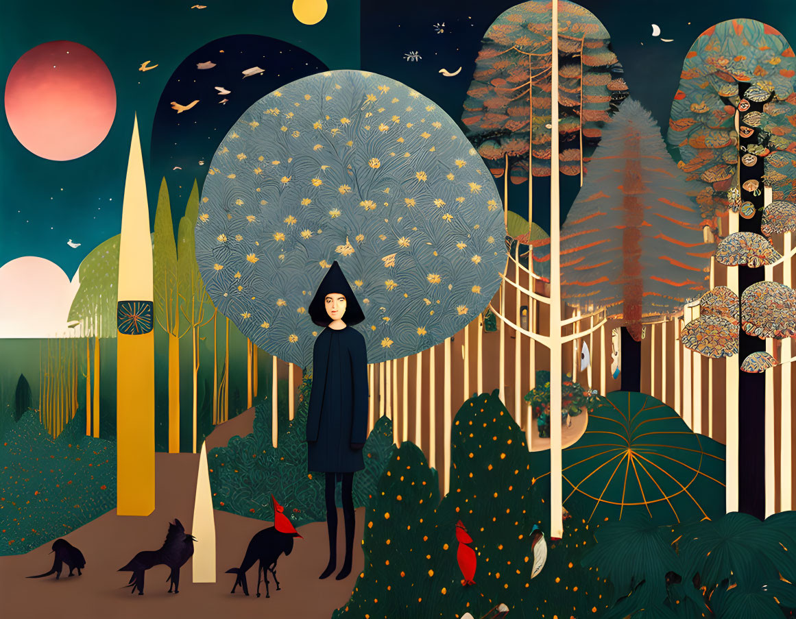 Stylized illustration of woman in black dress with oversized plants, colorful trees, and whimsical animals