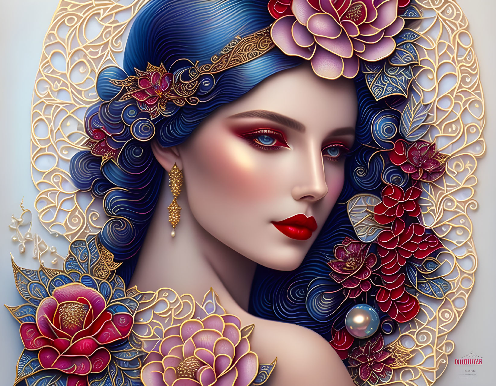 Illustrated portrait of woman with blue hair, pink flowers, and gold patterns on circular background