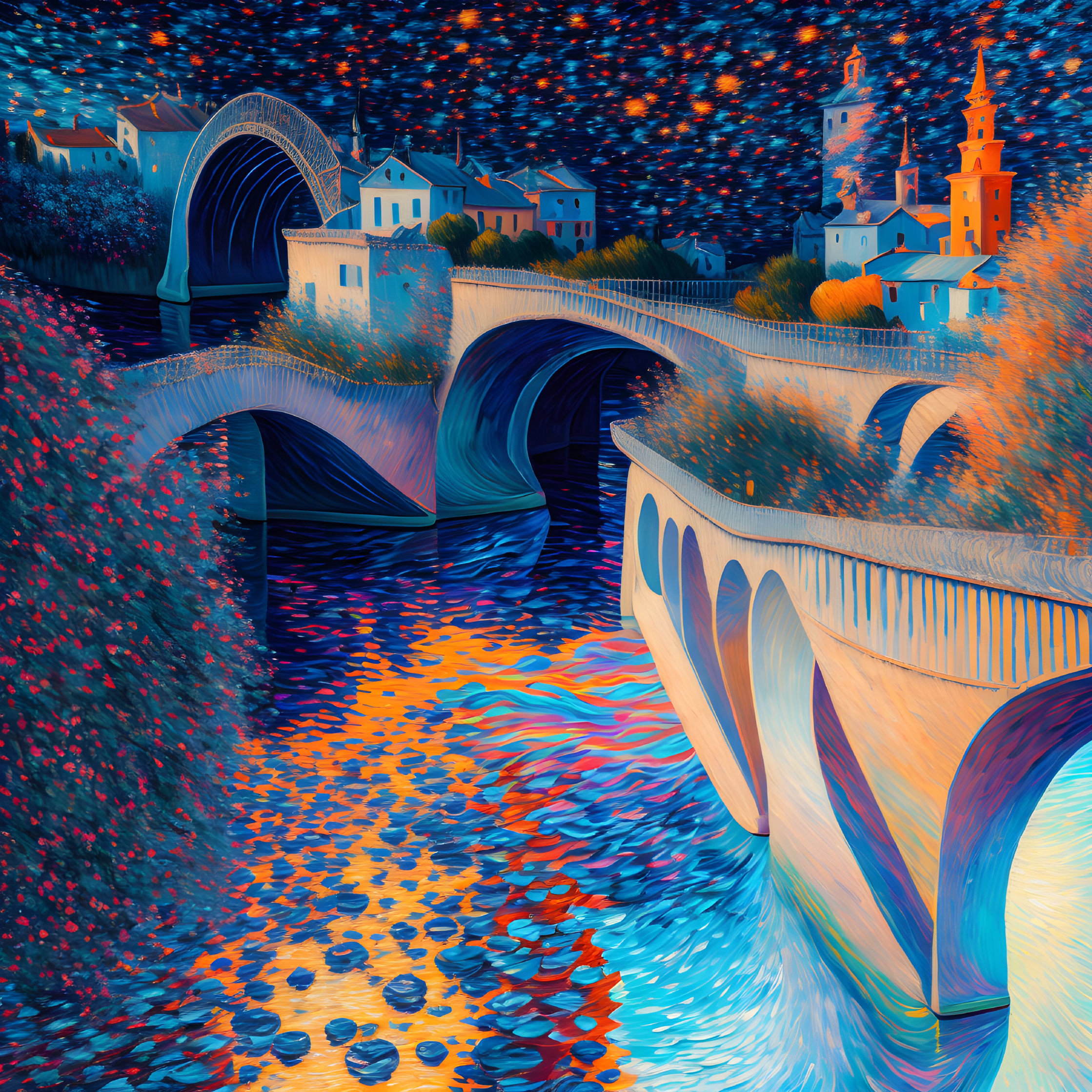 Vibrant impressionistic painting of arched bridges, river reflections, flowering trees, and starry