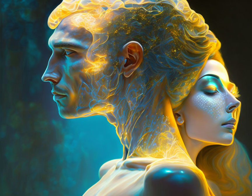 Man and woman with glowing, intricate skin patterns blending humanity and futuristic themes.