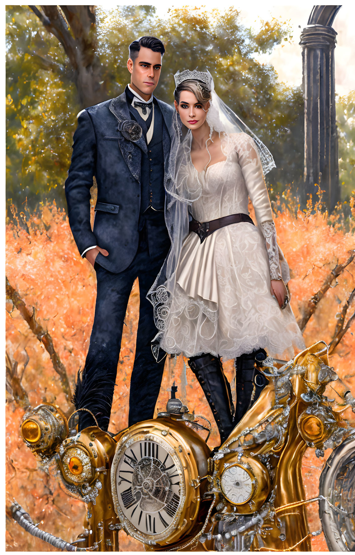 Steampunk wedding attire couple with clockwork motorcycle in autumn.