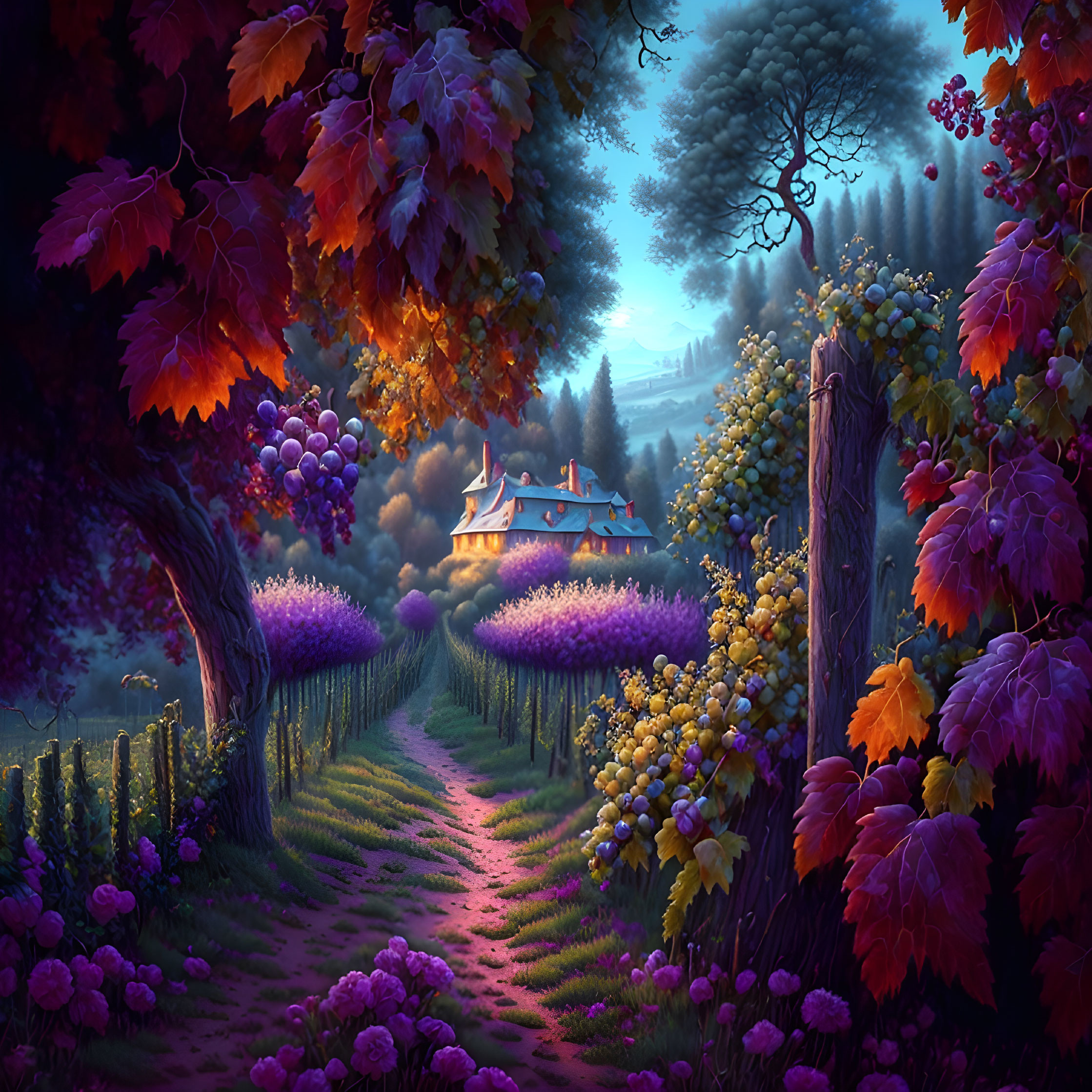 Colorful Vineyard Path at Dusk with Cozy Cottage