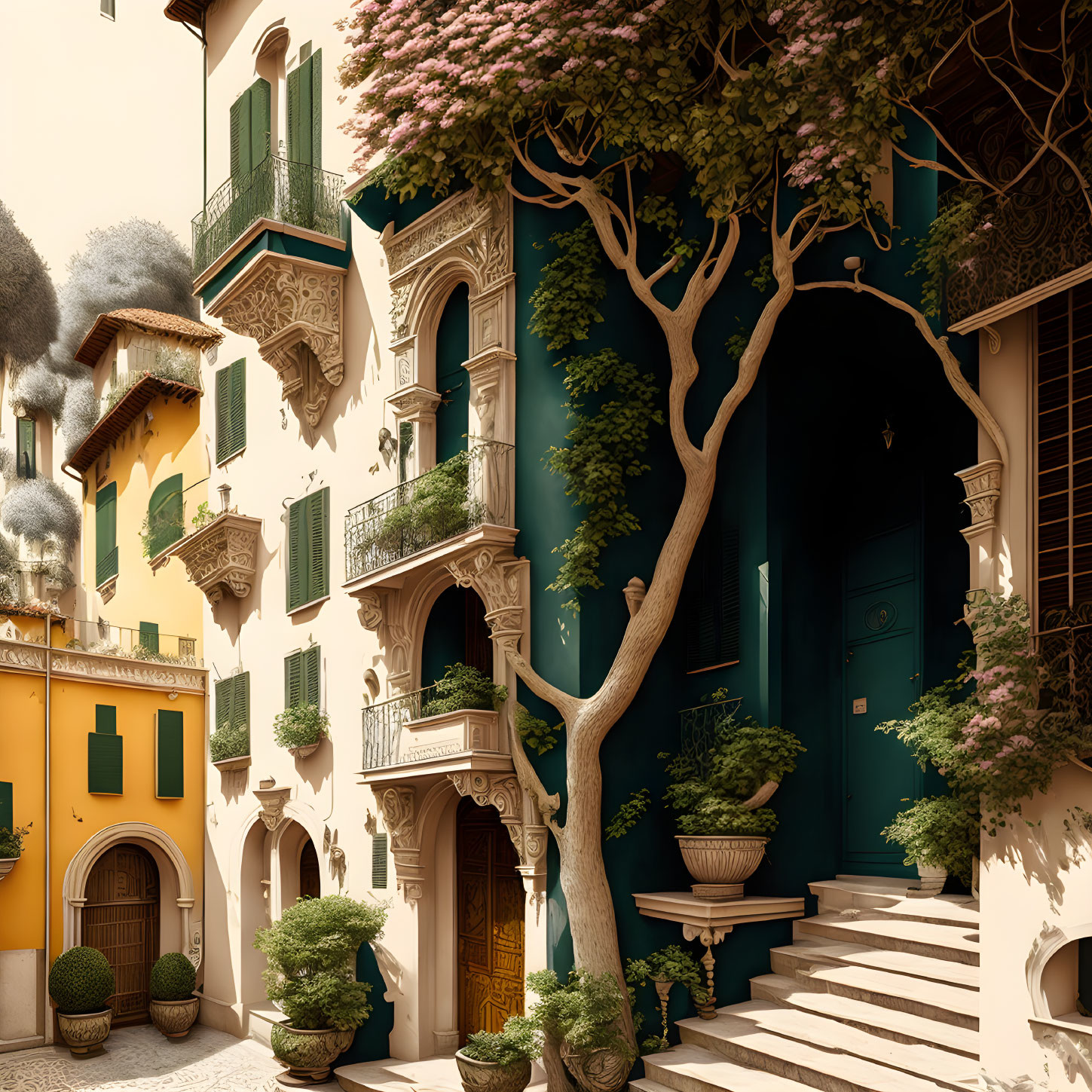 Charming European street scene with pastel buildings, balconies, and tree shadows