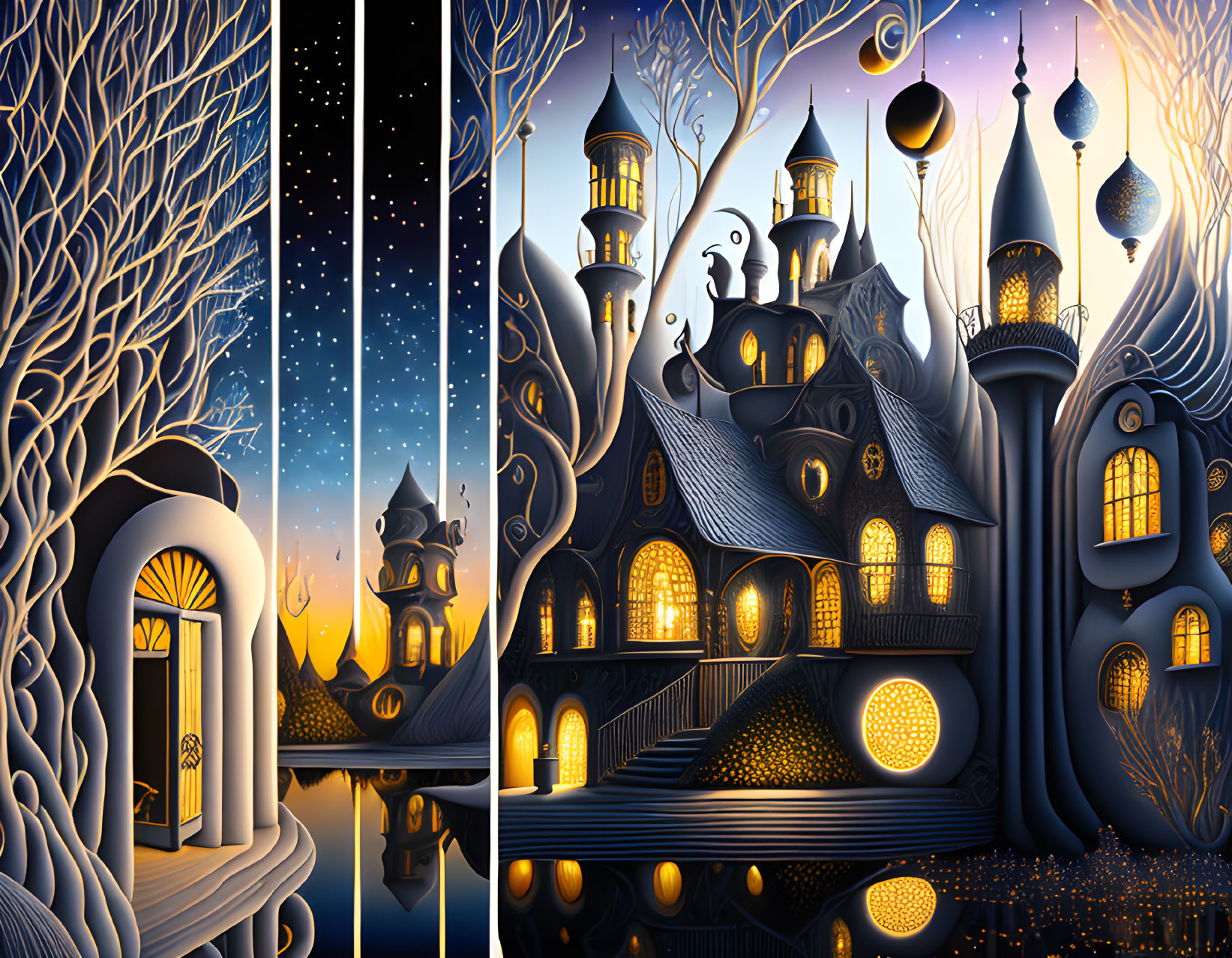 Stylized glowing buildings in whimsical nighttime landscape