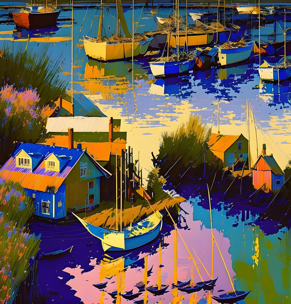 Vibrant Coastal Village Painting at Twilight