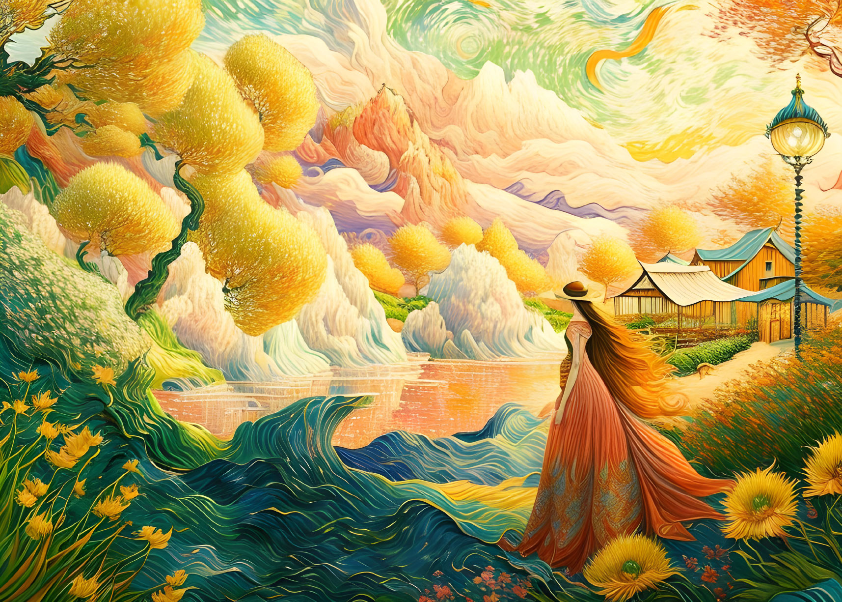 Colorful artwork of a woman by the sea with a whimsical house