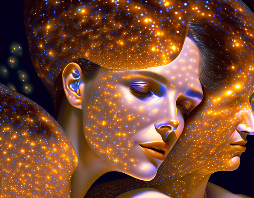 Digital artwork: Two faces in profile with starry night sky skin