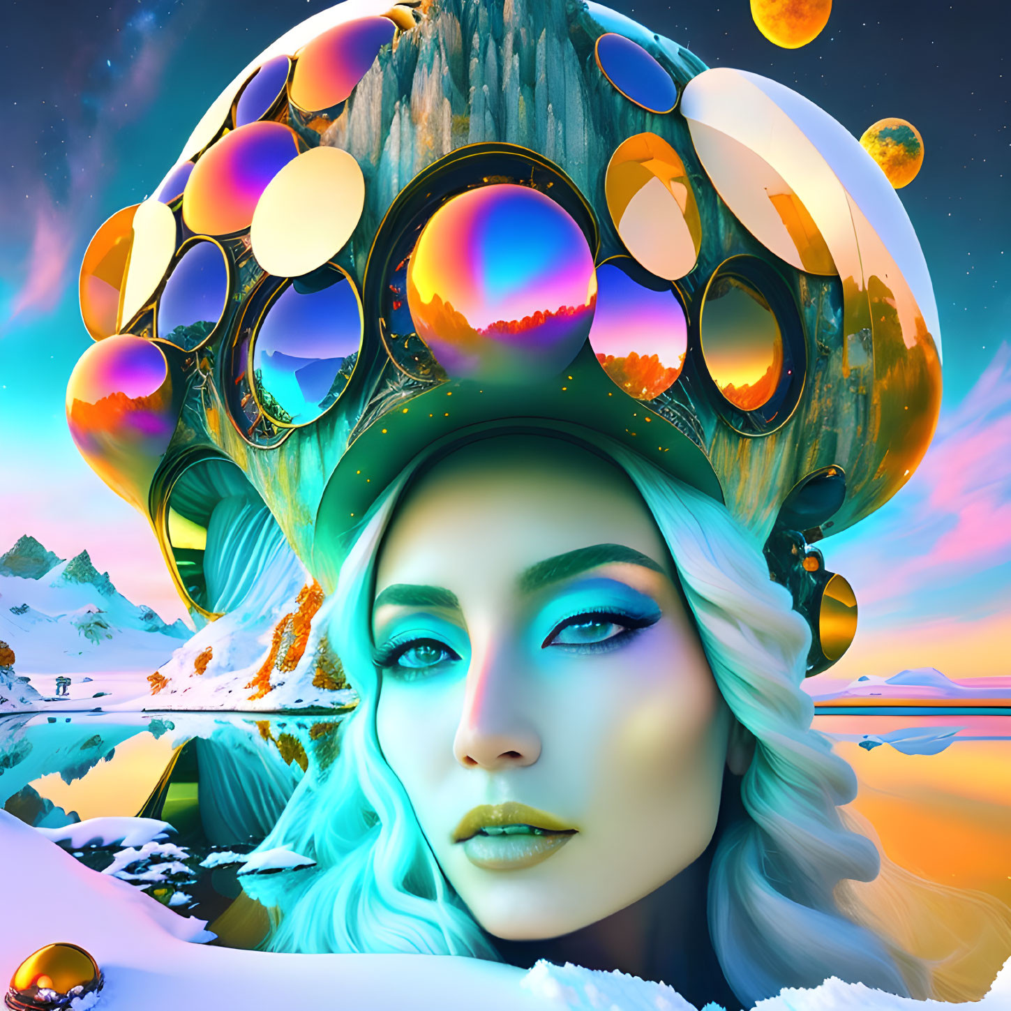 Portrait of woman with blue eyes and hair in futuristic crown, against vibrant alien landscape