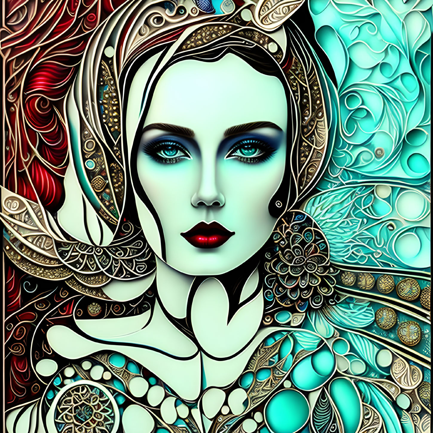 Colorful digital art featuring woman with striking blue eyes