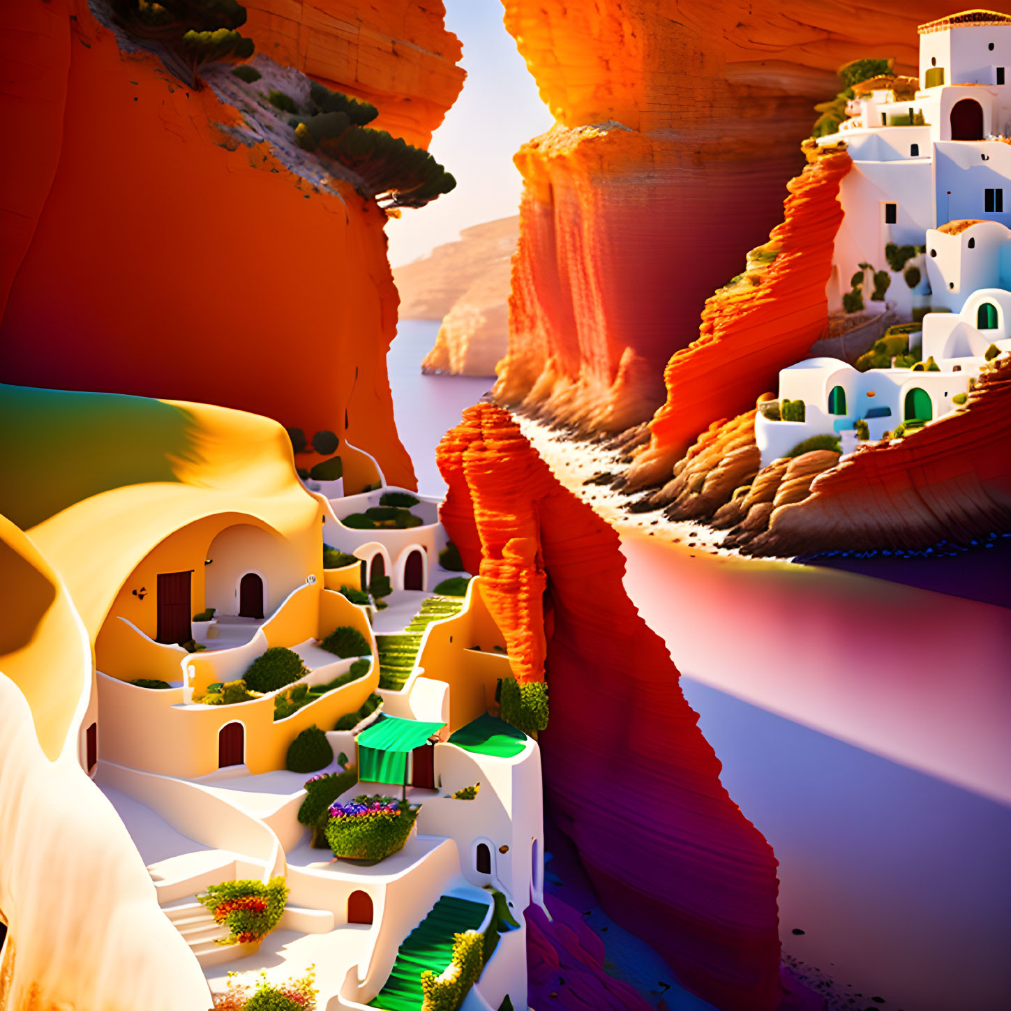 Surreal Mediterranean-style buildings in red-orange cliffs by blue sea