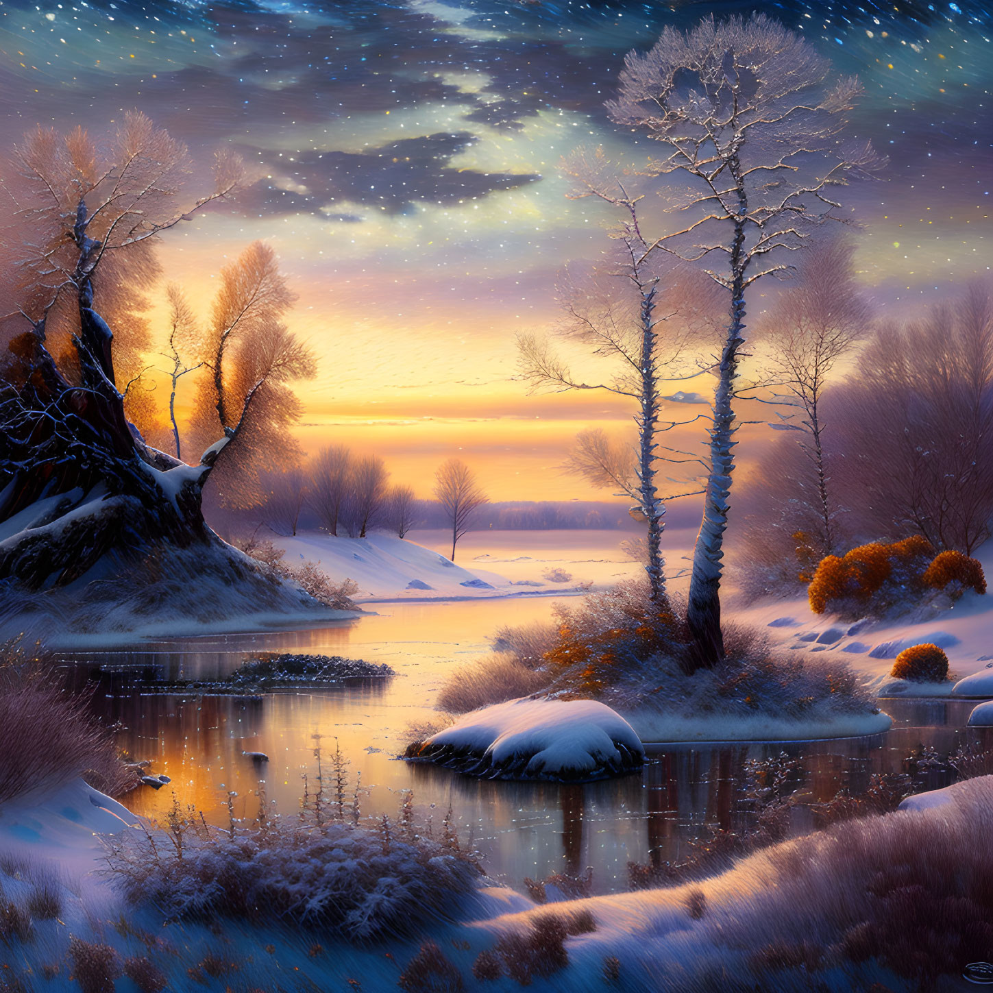 Snow-covered trees, river, colorful sky at dawn.