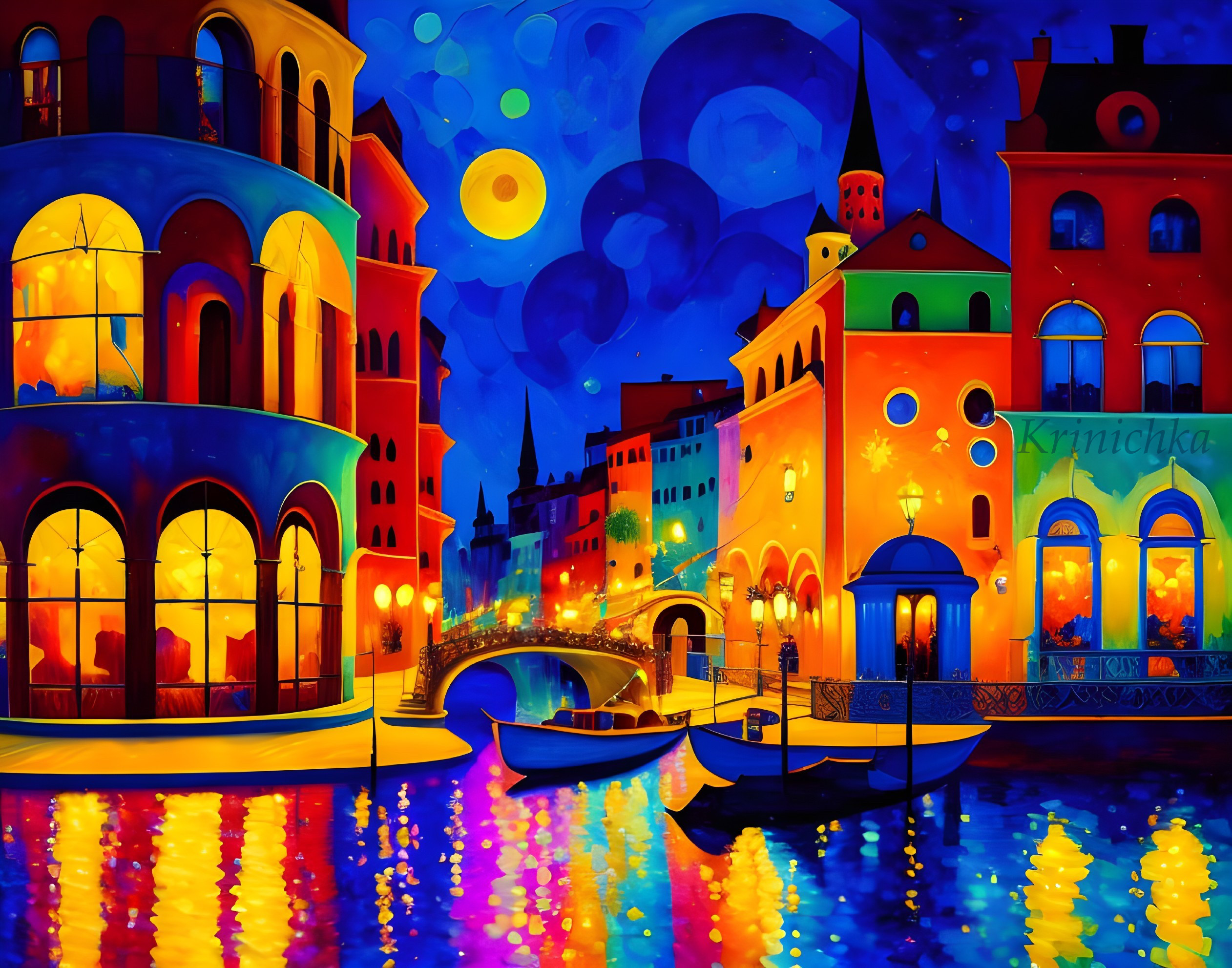 Colorful painting: Whimsical canal scene with glowing buildings, gondola, starry sky