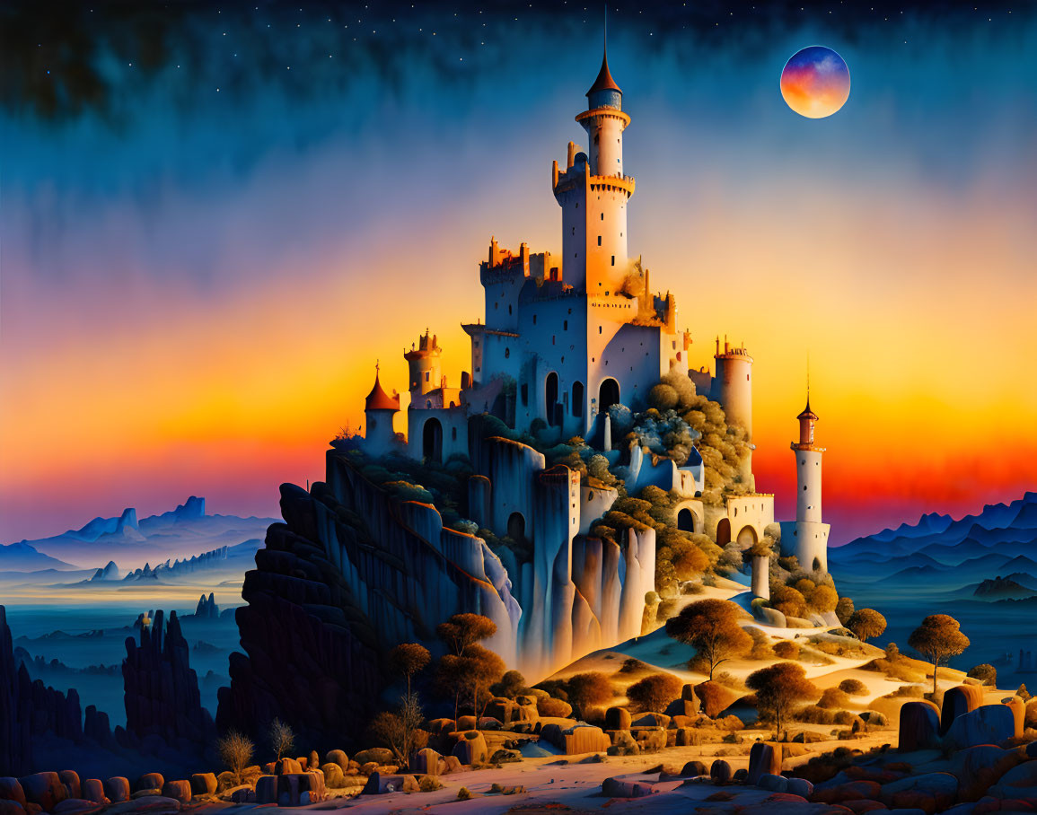 Fantastical castle on rocky cliff with waterfalls, starry sky, sunset, oversized moon