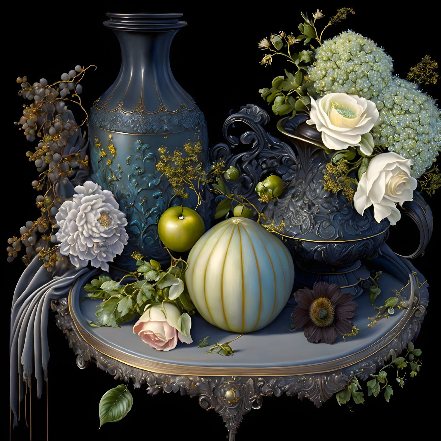 Traditional Still Life Painting with Dark Vase and Various Fruits