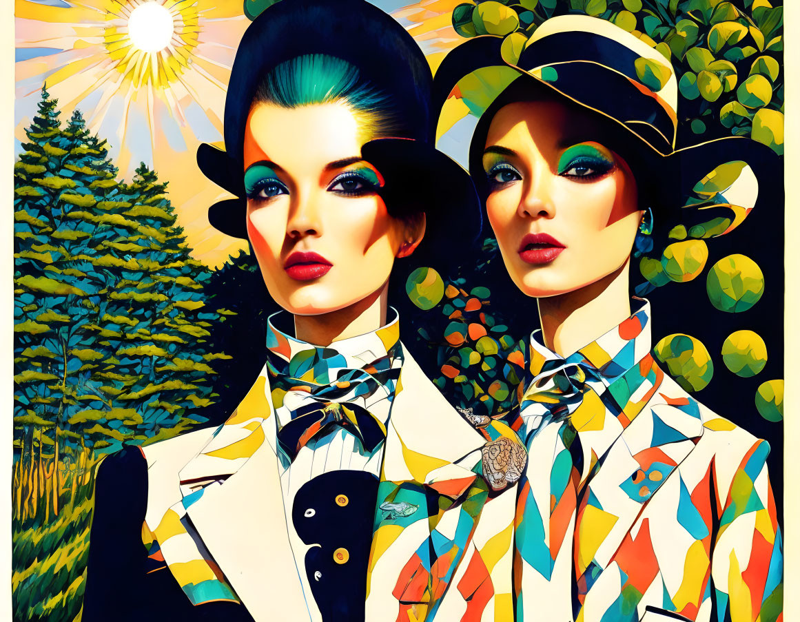 Stylized women in bold makeup and colorful outfits against vibrant nature backdrop