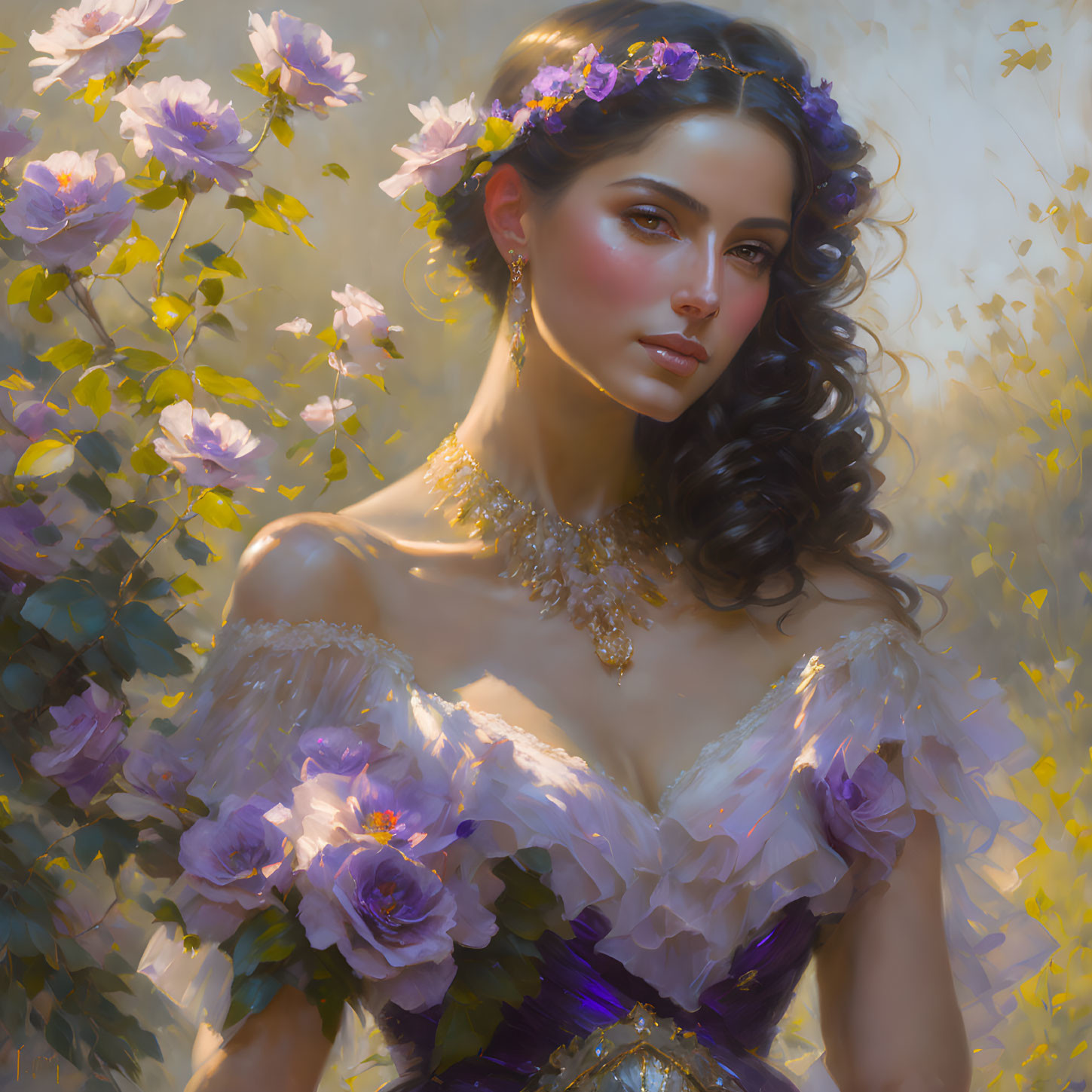 Portrait of Woman with Dark Hair and Purple Flowers in Off-Shoulder Dress