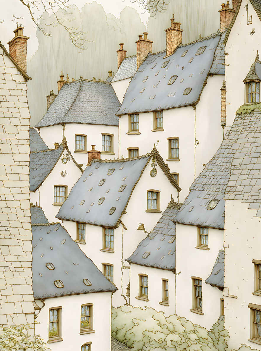 Whimsical illustration of old multi-story houses under cloudy sky