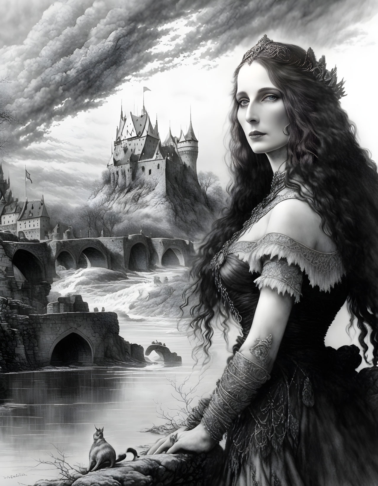 Monochrome artwork of regal woman with crown, cat, castle, and bridge